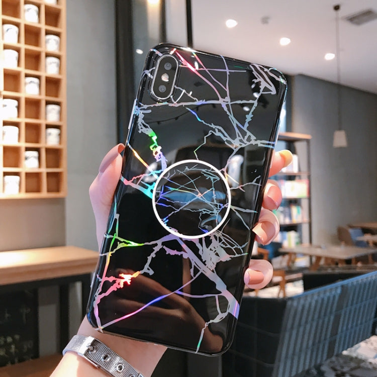 For iPhone X / XS Laser Marble Anti-drop TPU  Protection Back Cover with Folding Holder