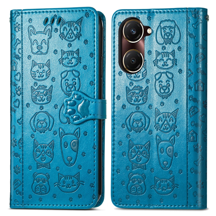 For vivo Y37 Cat and Dog Embossed Leather Phone Case