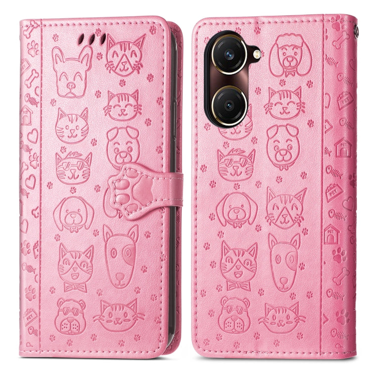 For vivo Y37 Cat and Dog Embossed Leather Phone Case