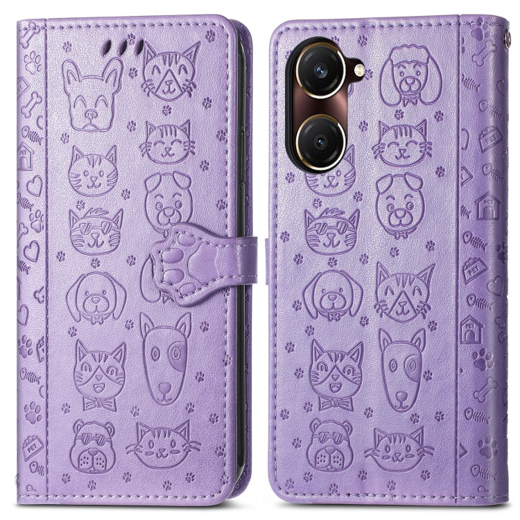 For vivo Y37 Cat and Dog Embossed Leather Phone Case