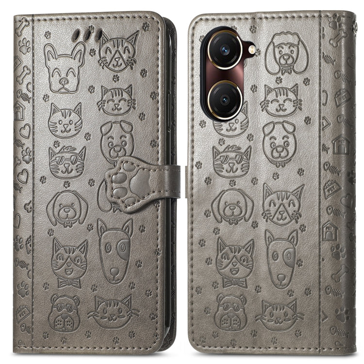 For vivo Y37 Cat and Dog Embossed Leather Phone Case