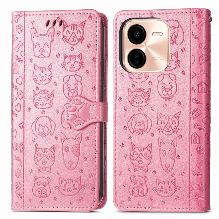 For vivo Y37 Pro Cat and Dog Embossed Leather Phone Case