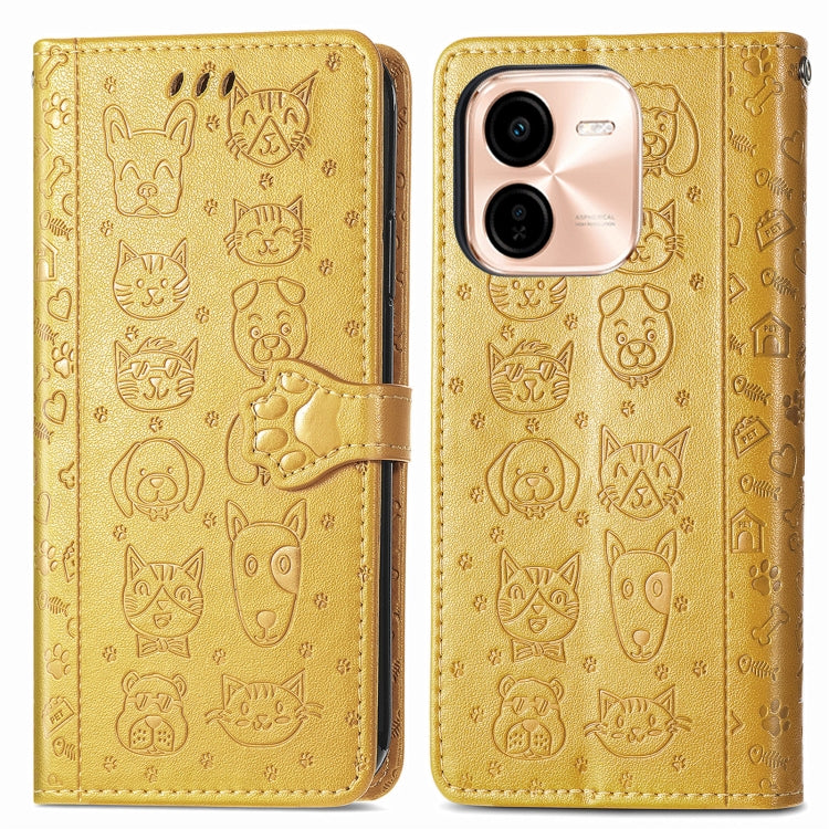 For vivo Y37 Pro Cat and Dog Embossed Leather Phone Case