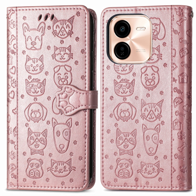 For vivo Y37 Pro Cat and Dog Embossed Leather Phone Case