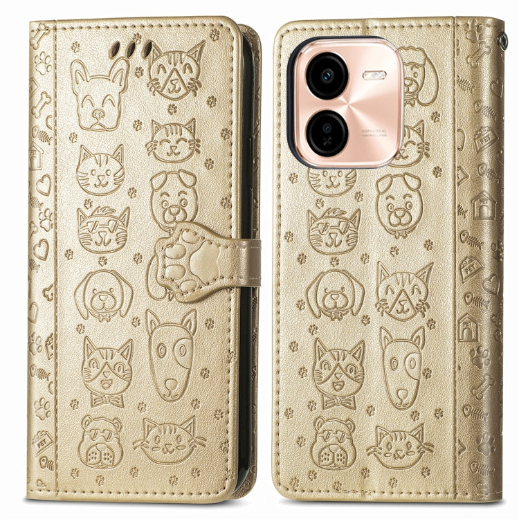 For vivo Y37 Pro Cat and Dog Embossed Leather Phone Case