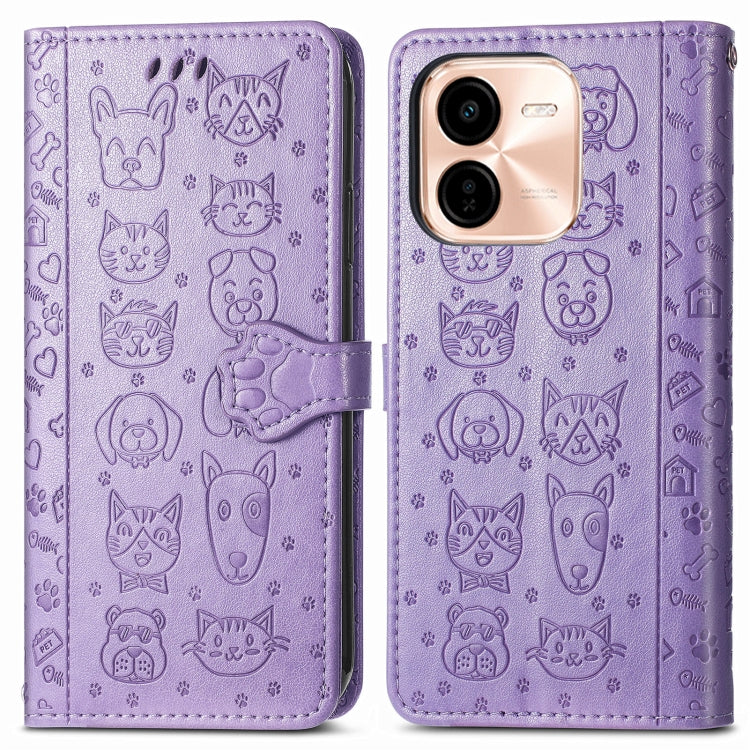 For vivo Y37 Pro Cat and Dog Embossed Leather Phone Case