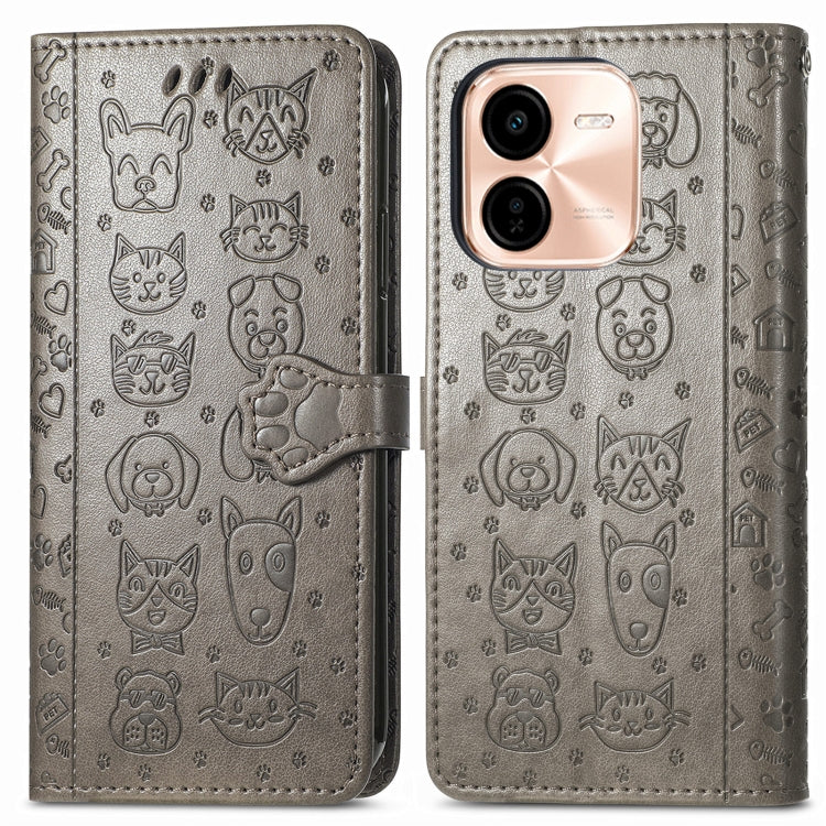 For vivo Y37 Pro Cat and Dog Embossed Leather Phone Case