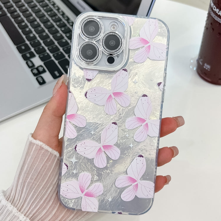 For iPhone 16 Pro Max Plating Texture Butterfly TPU Phone Case with Glitter Lens Film