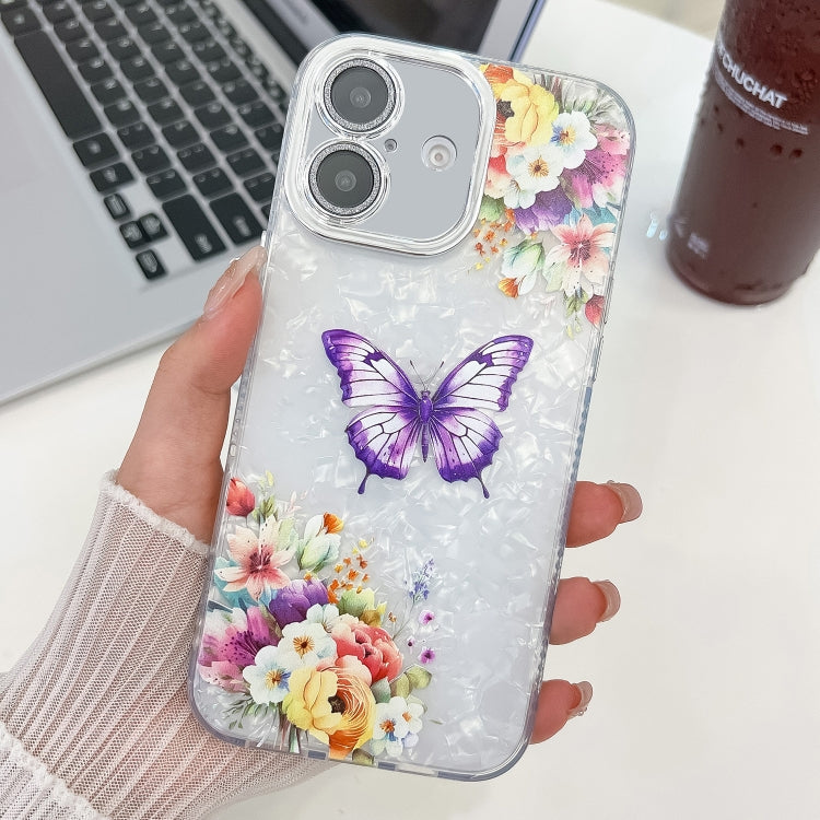 For iPhone 16 Plating Texture Butterfly TPU Phone Case with Glitter Lens Film