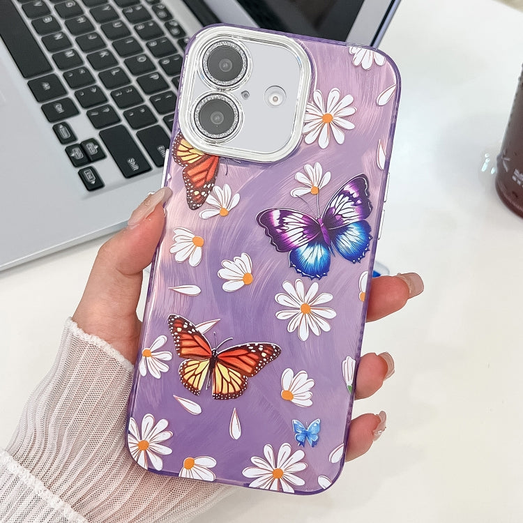 For iPhone 16 Plating Texture Butterfly TPU Phone Case with Glitter Lens Film