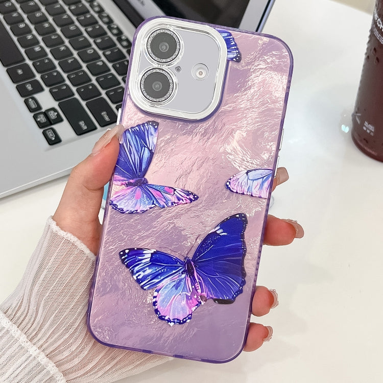 For iPhone 16 Plating Texture Butterfly TPU Phone Case with Glitter Lens Film