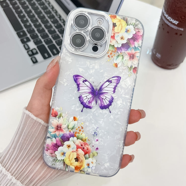 For iPhone 15 Pro Plating Texture Butterfly TPU Phone Case with Glitter Lens Film