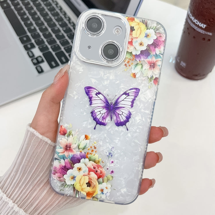 For iPhone 15 Plating Texture Butterfly TPU Phone Case with Glitter Lens Film