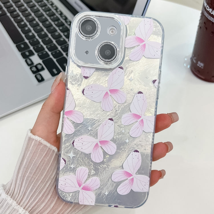 For iPhone 14 Plating Texture Butterfly TPU Phone Case with Glitter Lens Film