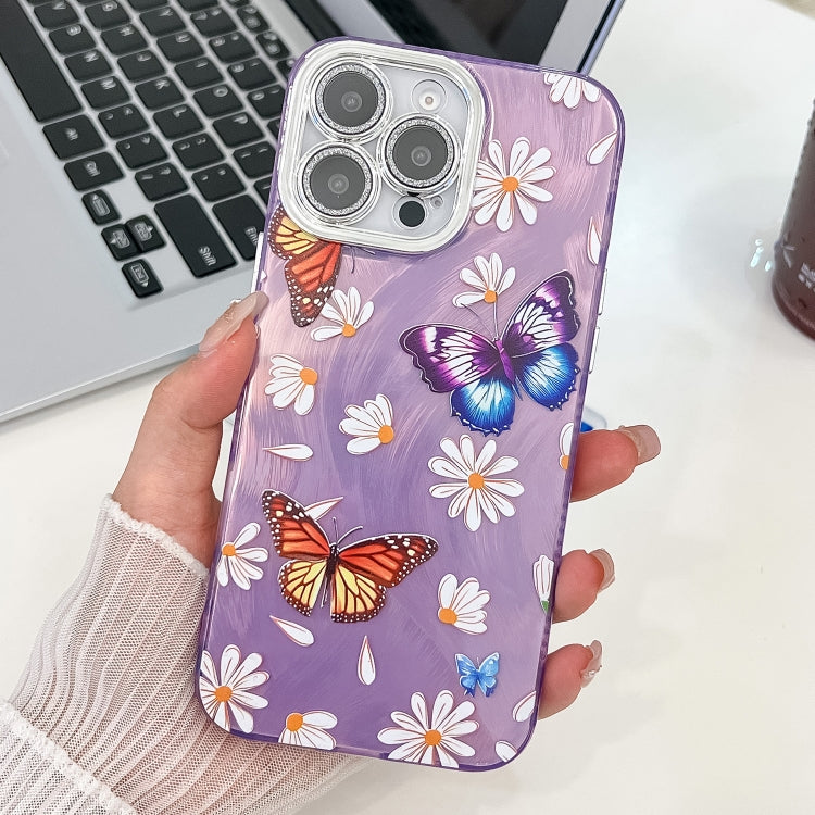 For iPhone 14 Pro Max Plating Texture Butterfly TPU Phone Case with Glitter Lens Film