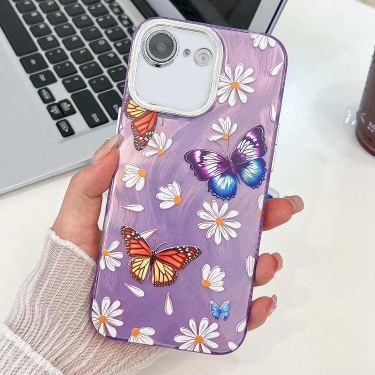 For iPhone 17e / 16e Plating Texture Butterfly TPU Phone Case with Glitter Lens Film