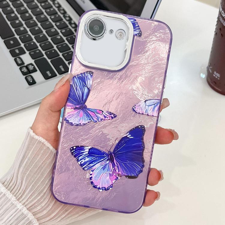 For iPhone 17e / 16e Plating Texture Butterfly TPU Phone Case with Glitter Lens Film