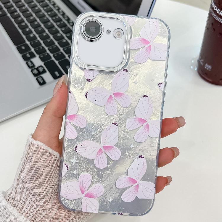 For iPhone 17e / 16e Plating Texture Butterfly TPU Phone Case with Glitter Lens Film