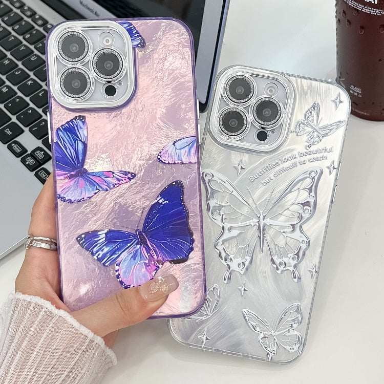 For iPhone 15 Pro Plating Texture Butterfly TPU Phone Case with Glitter Lens Film