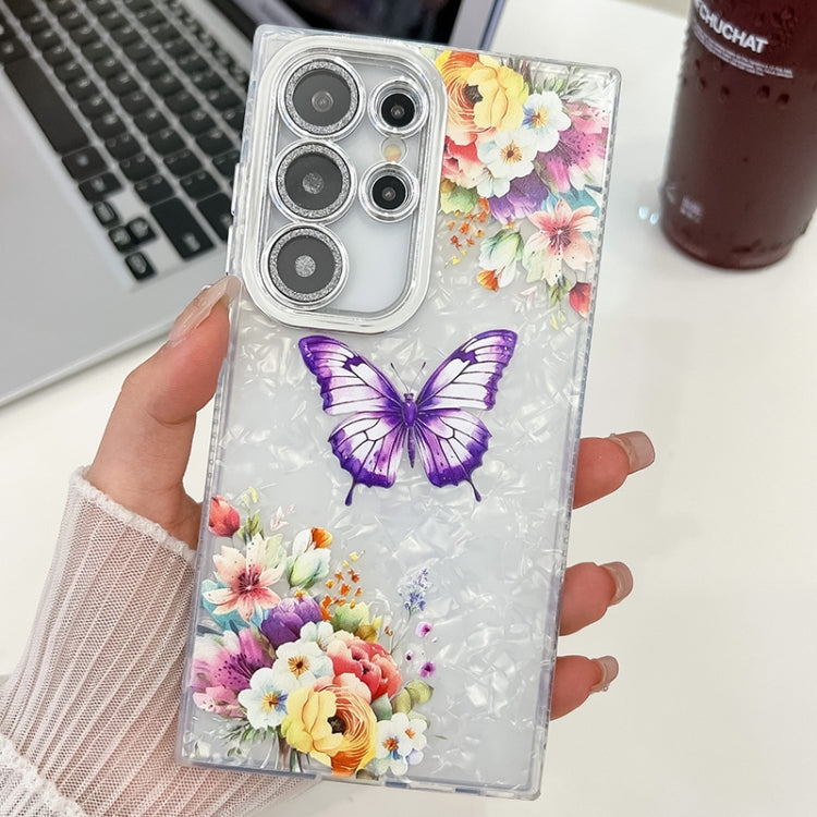 For Samsung Galaxy S23 Ultra 5G Plating Texture Butterfly TPU Phone Case with Glitter Lens Film