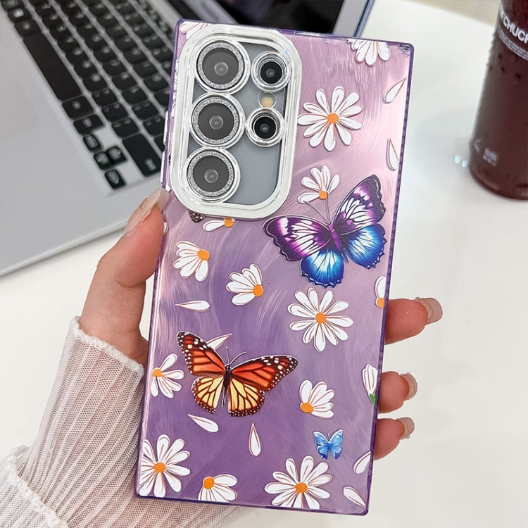 For Samsung Galaxy S23 Ultra 5G Plating Texture Butterfly TPU Phone Case with Glitter Lens Film
