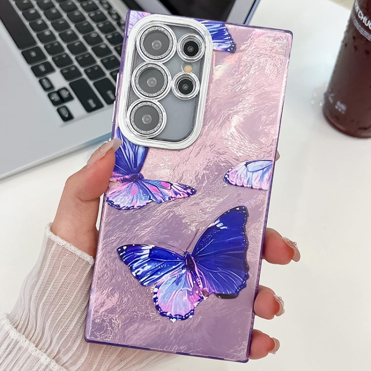 For Samsung Galaxy S24 Ultra 5G Plating Texture Butterfly TPU Phone Case with Glitter Lens Film