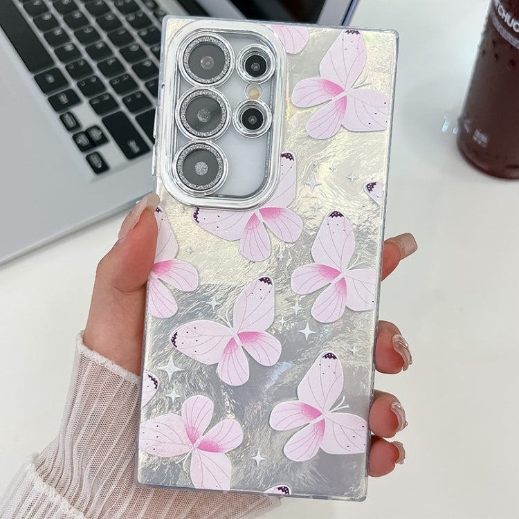 For Samsung Galaxy S25 Ultra 5G Plating Texture Butterfly TPU Phone Case with Glitter Lens Film