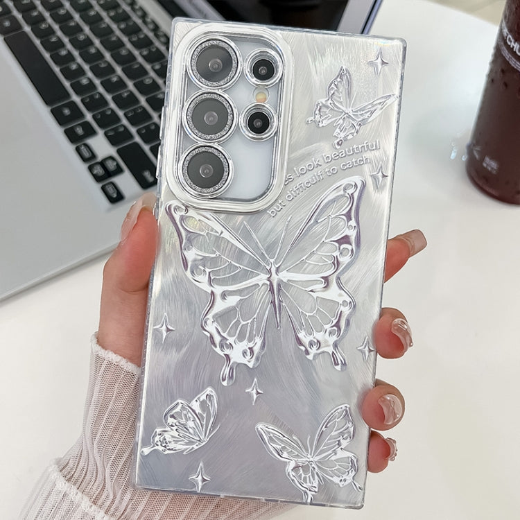 For Samsung Galaxy S25 Ultra 5G Plating Texture Butterfly TPU Phone Case with Glitter Lens Film