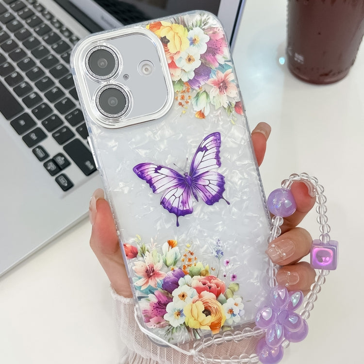For iPhone 16 Plus Plating Texture Butterfly Wristband TPU Phone Case with Glitter Lens Film
