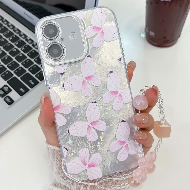 For iPhone 16 Plus Plating Texture Butterfly Wristband TPU Phone Case with Glitter Lens Film