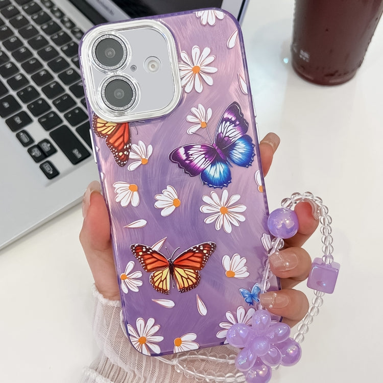 For iPhone 16 Plating Texture Butterfly Wristband TPU Phone Case with Glitter Lens Film
