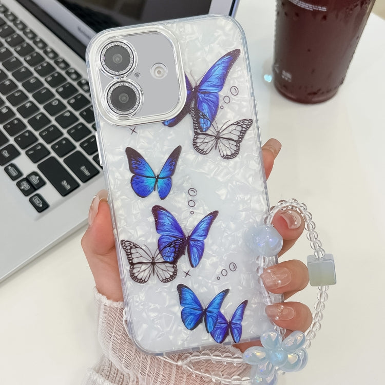 For iPhone 16 Plating Texture Butterfly Wristband TPU Phone Case with Glitter Lens Film