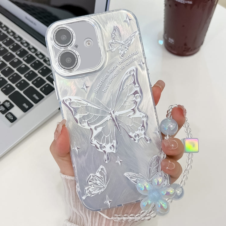 For iPhone 16 Plating Texture Butterfly Wristband TPU Phone Case with Glitter Lens Film