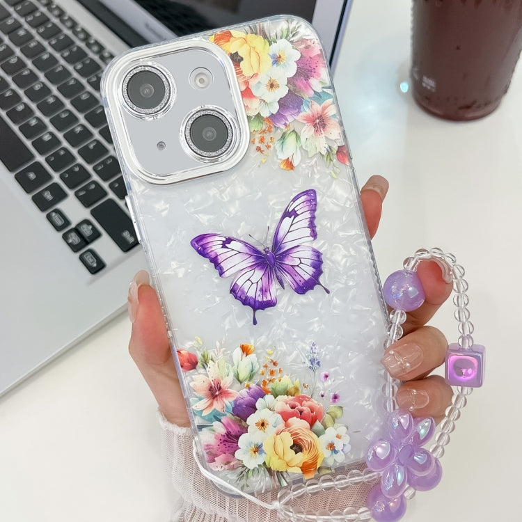 For iPhone 15 Plating Texture Butterfly Wristband TPU Phone Case with Glitter Lens Film