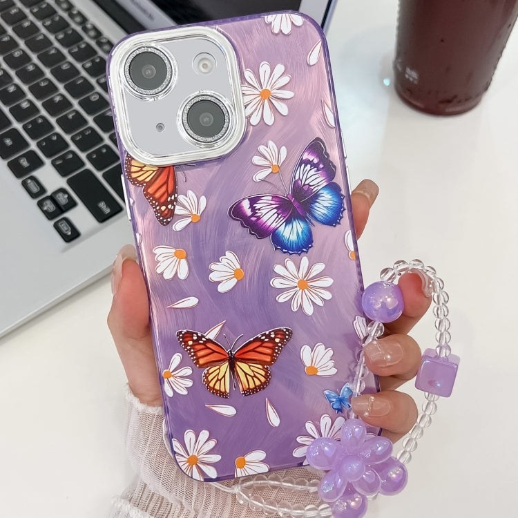 For iPhone 14 Plating Texture Butterfly Wristband TPU Phone Case with Glitter Lens Film