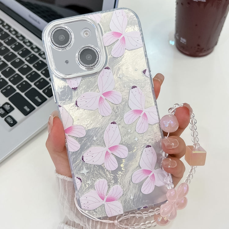 For iPhone 14 Plating Texture Butterfly Wristband TPU Phone Case with Glitter Lens Film