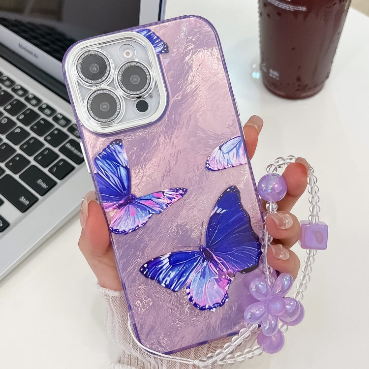 For iPhone 13 Pro Max Plating Texture Butterfly Wristband TPU Phone Case with Glitter Lens Film