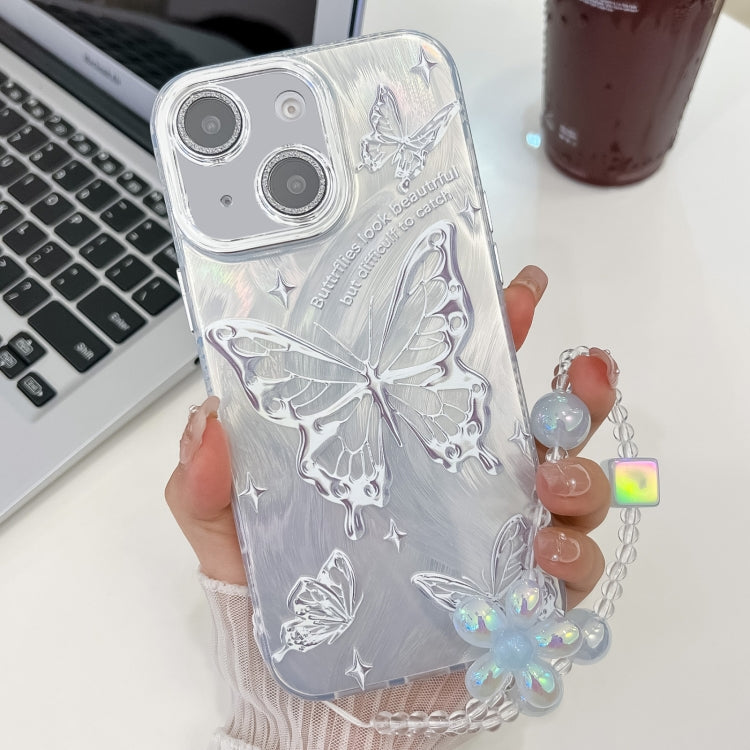 For iPhone 13 Plating Texture Butterfly Wristband TPU Phone Case with Glitter Lens Film