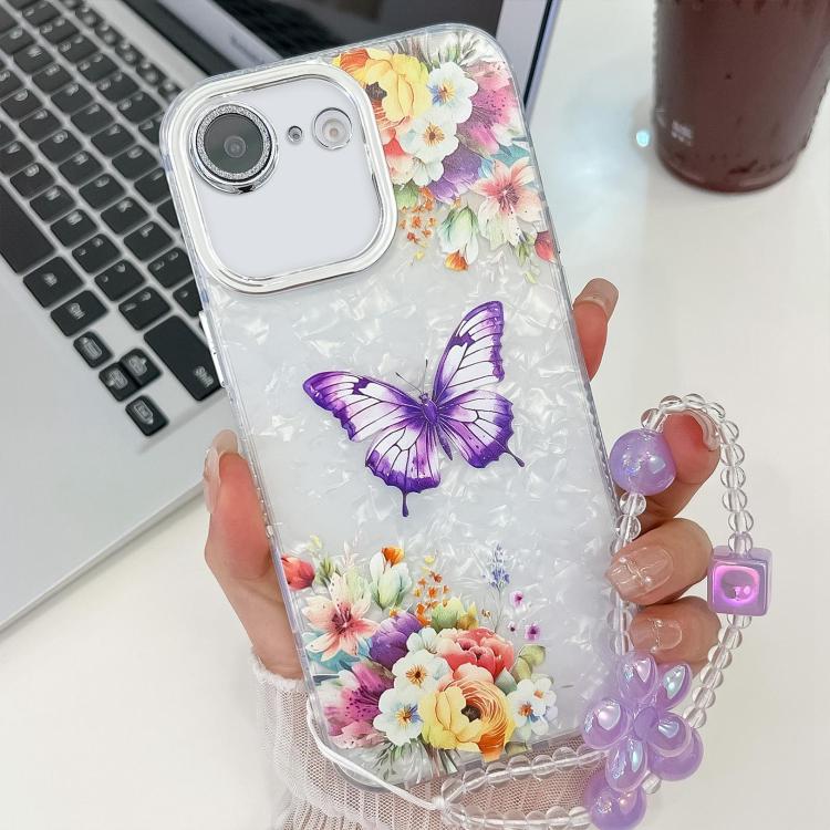 For iPhone 17e / 16e Plating Texture Butterfly Wristband TPU Phone Case with Glitter Lens Film