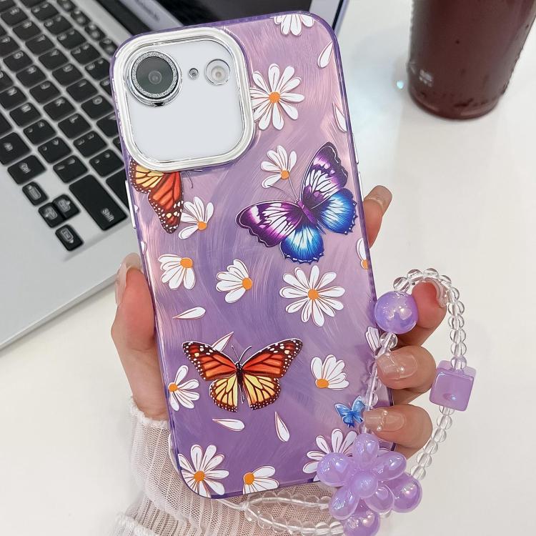 For iPhone 17e / 16e Plating Texture Butterfly Wristband TPU Phone Case with Glitter Lens Film