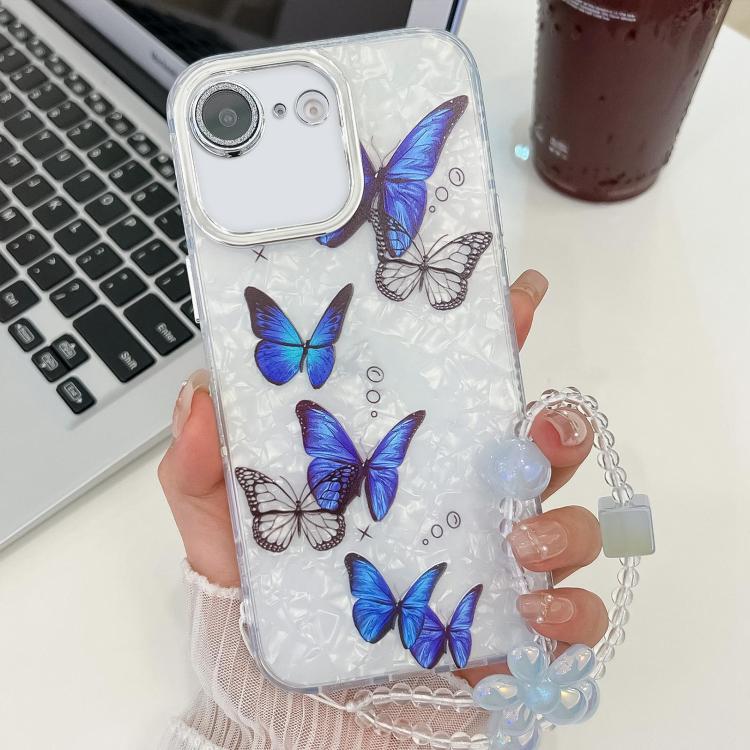 For iPhone 17e / 16e Plating Texture Butterfly Wristband TPU Phone Case with Glitter Lens Film