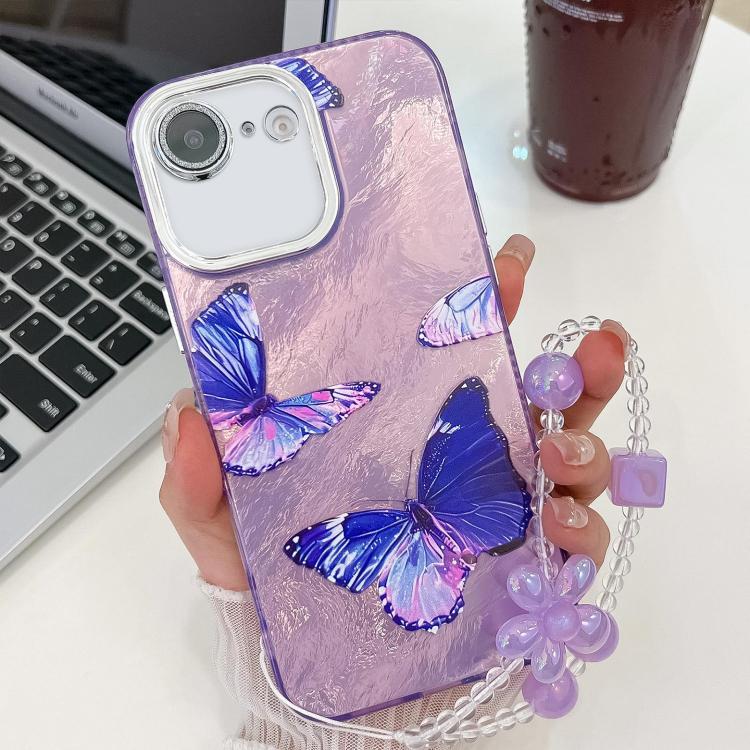 For iPhone 17e / 16e Plating Texture Butterfly Wristband TPU Phone Case with Glitter Lens Film