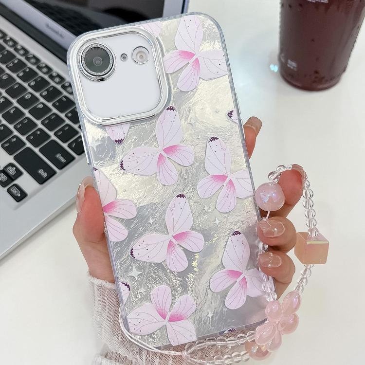 For iPhone 17e / 16e Plating Texture Butterfly Wristband TPU Phone Case with Glitter Lens Film