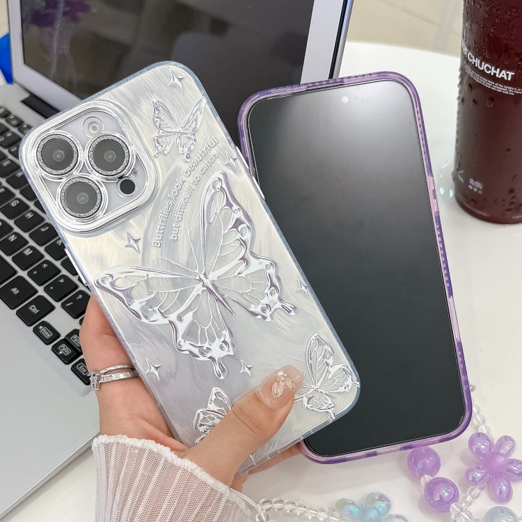 For iPhone 14 Pro Max Plating Texture Butterfly Wristband TPU Phone Case with Glitter Lens Film
