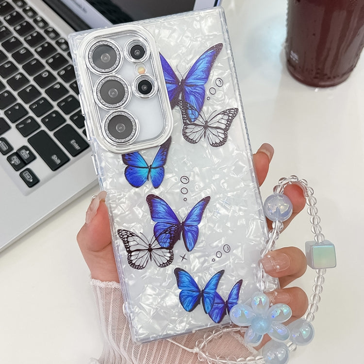 For Samsung Galaxy S25 Ultra 5G Plating Texture Butterfly Wristband TPU Phone Case with Glitter Lens Film