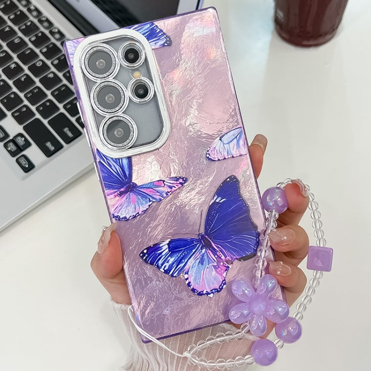 For Samsung Galaxy S25 Ultra 5G Plating Texture Butterfly Wristband TPU Phone Case with Glitter Lens Film