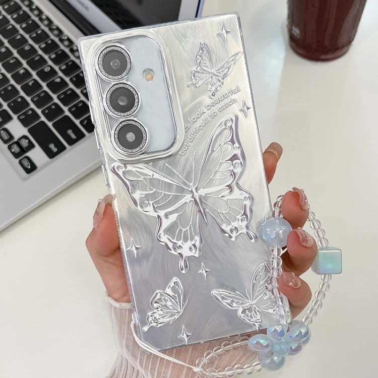 For Samsung Galaxy A55 5G Plating Texture Butterfly Wristband TPU Phone Case with Glitter Lens Film