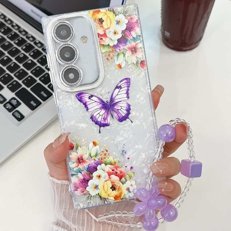 For Samsung Galaxy S24 5G Plating Texture Butterfly Wristband TPU Phone Case with Glitter Lens Film