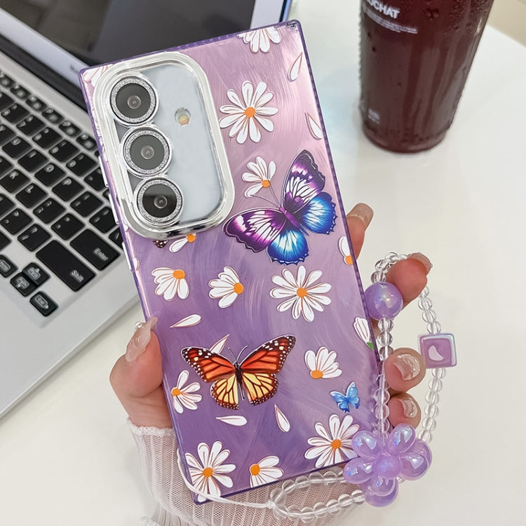 For Samsung Galaxy S24 5G Plating Texture Butterfly Wristband TPU Phone Case with Glitter Lens Film