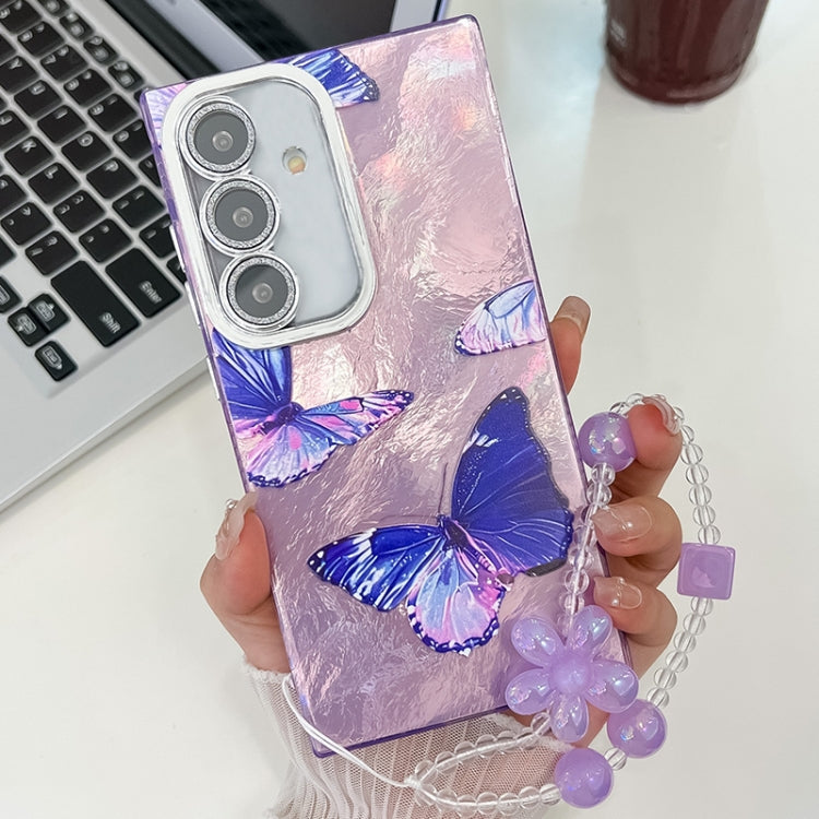 For Samsung Galaxy S24 5G Plating Texture Butterfly Wristband TPU Phone Case with Glitter Lens Film